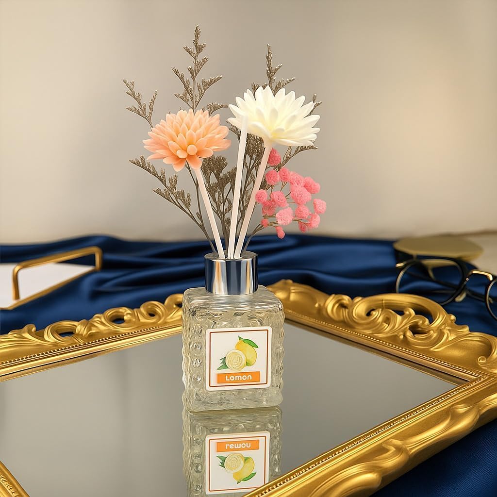 UCRAVO Lemon & Ocean Fragrance Reed Diffuser Set Fresh Citrus & Marine Aroma Combo with Decorative Flower Reeds | Long Lasting Room Freshener for Bedroom,Living Area,Bathroom,Office & Spa (Pack of 2)
