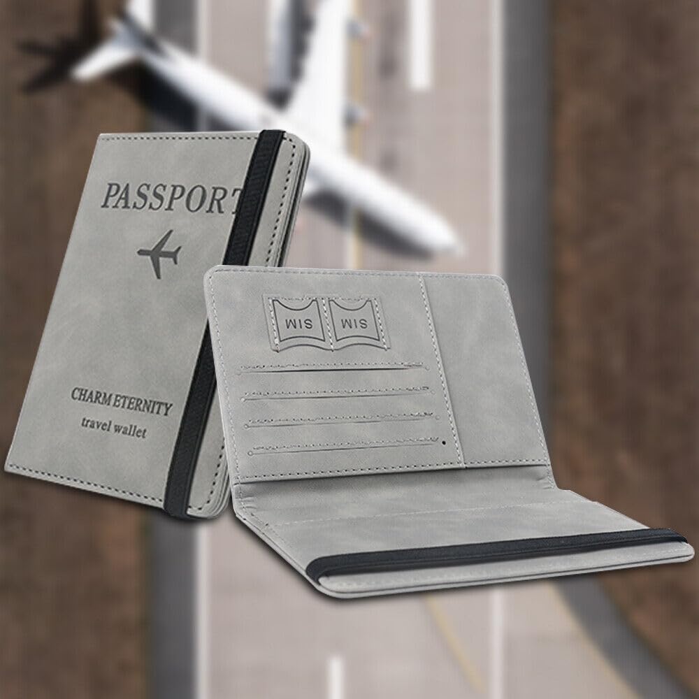 UCRAVO Passport and Card Holder Cover, PU Leather Travel Wallet RFID Passport Holder for Women and Men, Exquisite RFID Blocking Wallet Elastic Strap, Portable Passport Case for Business, Travel(Gray)