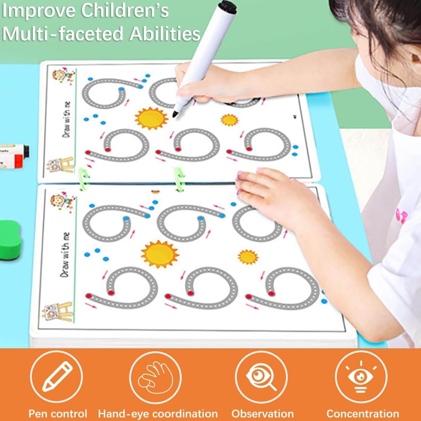 UCRAVO Kids Connecting Dots Handwriting Practice Workbook Set | Montessori Alphabet Writing Book | Number Tracing, ABC Learning, Mindfulness Activity Kit with Pens & Eraser | Reusable Practice Sheets