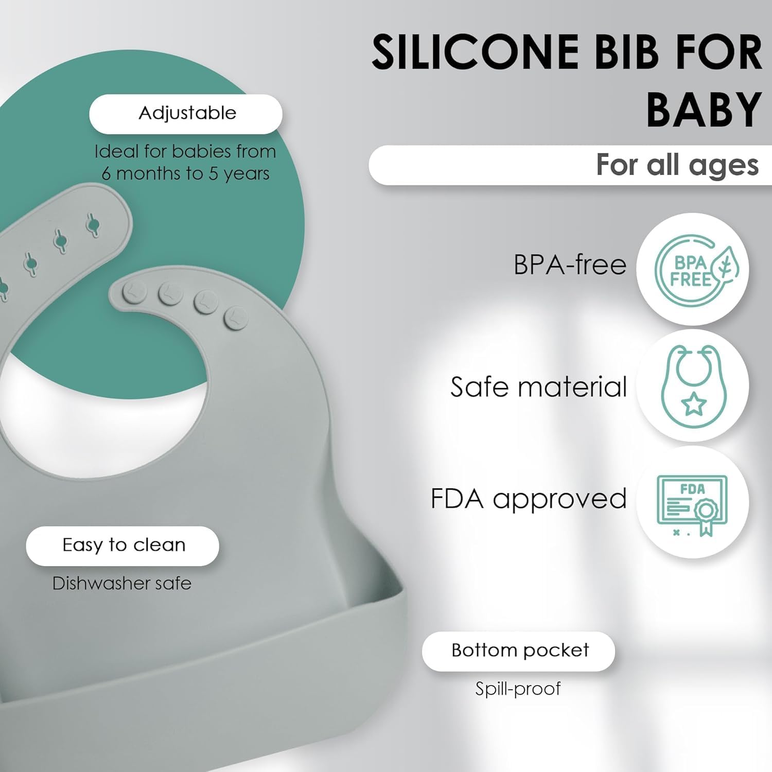 UCRAVO Grey Baby Feeding Set Premium Silicone Baby Led Weaning Set with Adjustable Bib,Divided Suction Plate,Suction Bowl,Baby Training Cup with Straw Lid,Spoon Fork Set,Feeding Essentials Tableware