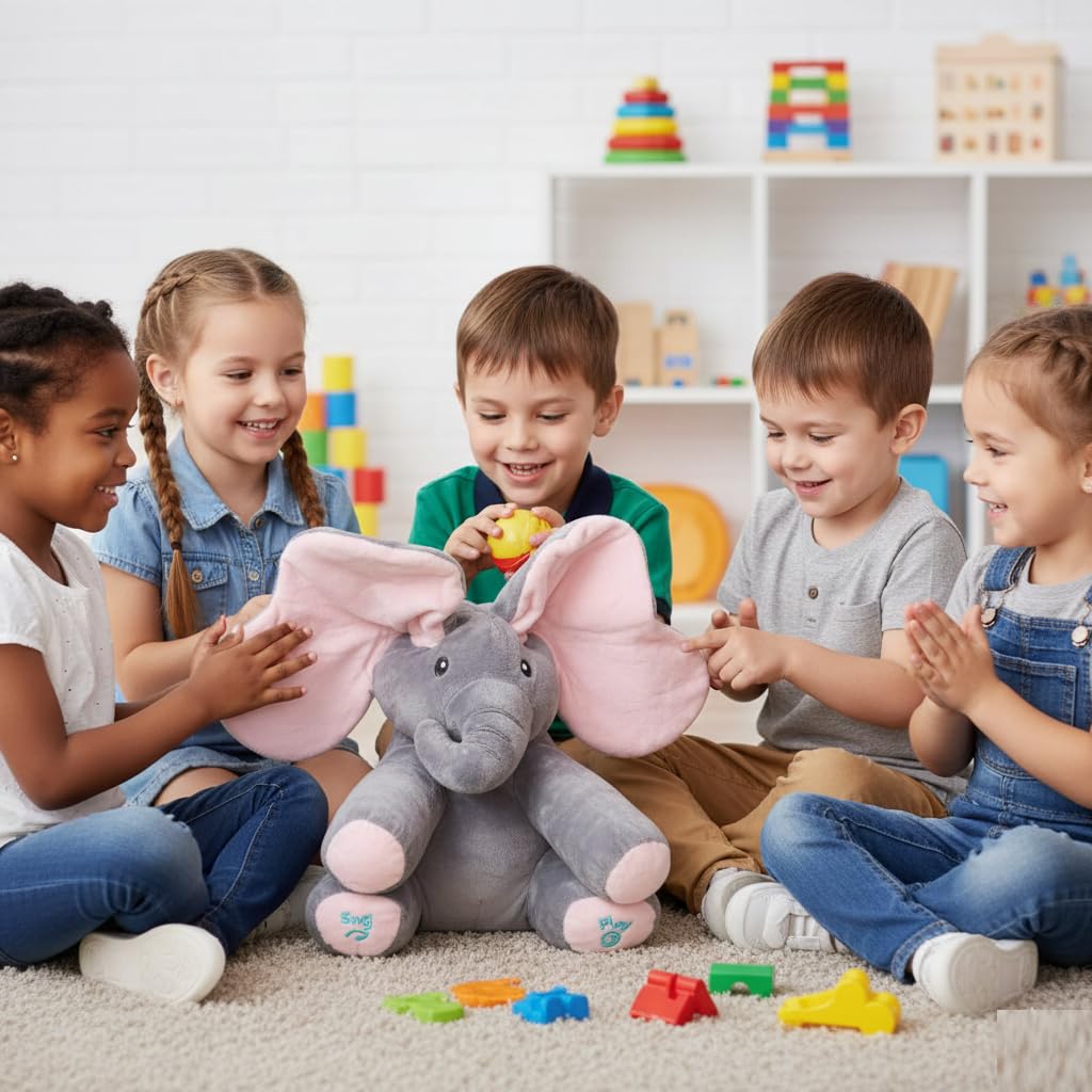 UCRAVO Singing Interactive Musical Elephant Plush Toy Peek A Boo Animal with Moving Ears,Talking Singing Baby Elephant Soft Cuddle Toy for Toddler Kid Boys Girls, Sensory Educational Gift for Infants