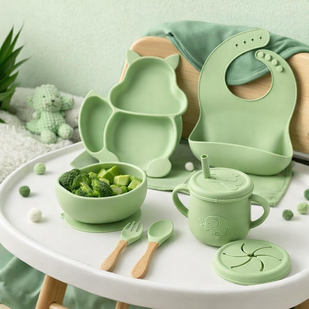 UCRAVO Green Silicone Baby Feeding Set 6 Piece Toddler Feeding Supplies with Anti Slip Suction Bowl & Plate, Waterproof Adjustable Bib,Resistant Straw Cup, Baby Training Spoon & Fork for Self Feeding