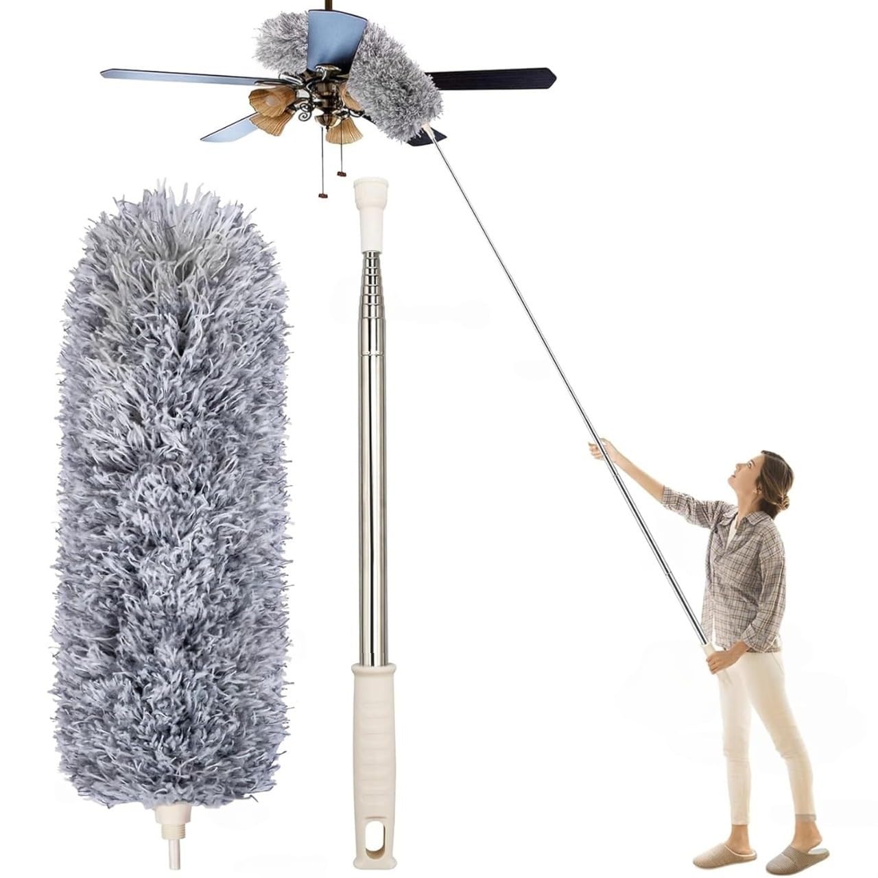 UCRAVO 3 in 1 Microfiber Feather Duster Set with 100 Inch Extendable Pole | 4 PCS Bendable Washable Fan Cleaning Brush for Ceiling Fans, High Ceilings, Cobwebs, Furniture, Walls & Home Dusting