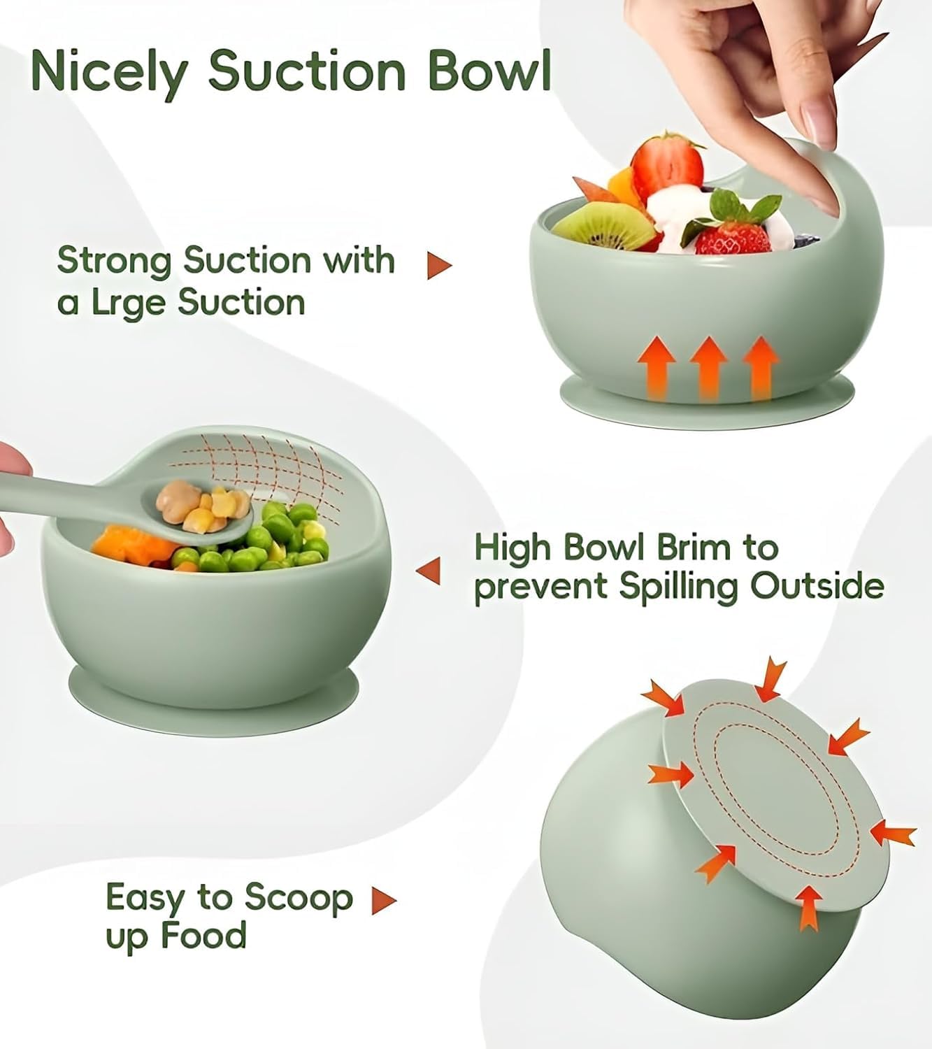 UCRAVO Baby Feeding Bowl & Spoon Set Green Silicone Suction Bowl for Baby Food Baby Bowl with Strong Suction Base | Self Feeding Toddler Bowl with Soft Silicone Spoon | Baby Led Weaning Essentials