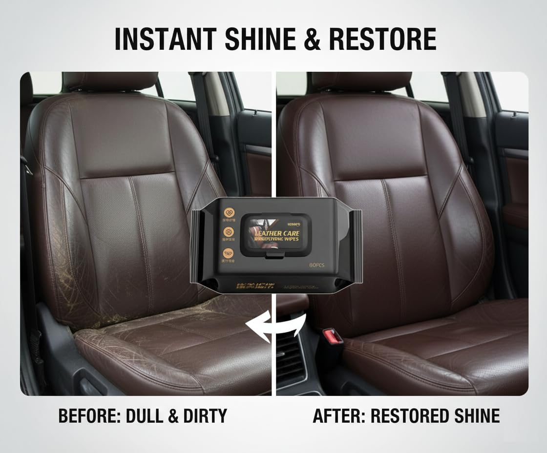 UCRAVO Leather Care Brightening Wipes 80 PCS – Car Seat Leather Cleaner & Conditioner Wipes for Sofa, Bags, Shoes, Wallet, Jacket, Furniture | Removes Dirt, Restores Shine & Protects Leather