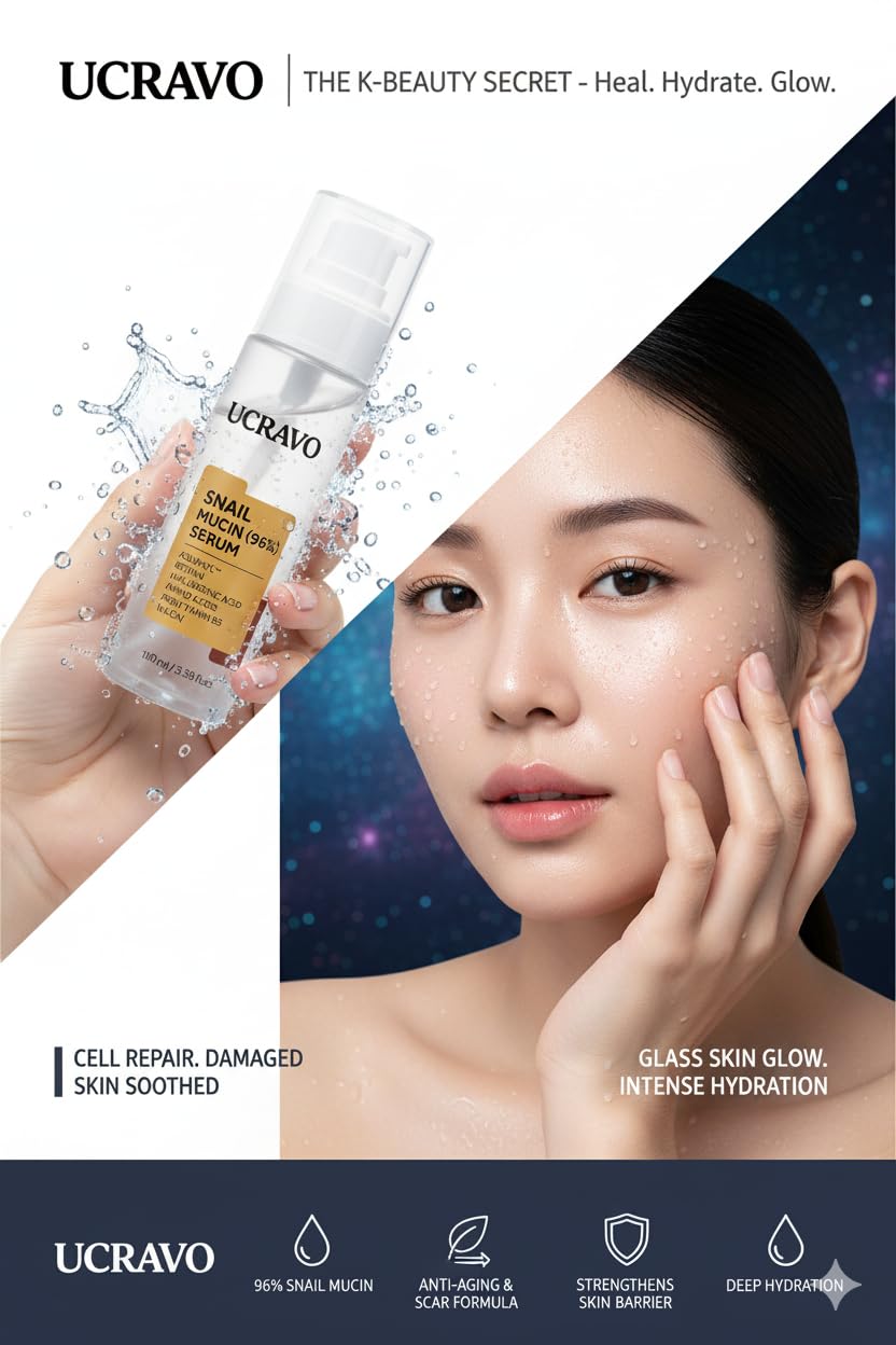 UCRAVO Snail Mucin Repairing Serum 100ml, Hydrating Serum for Face with Snail Secretion Filtrate for Dull Skin & Fine Lines, Korean Skin Care