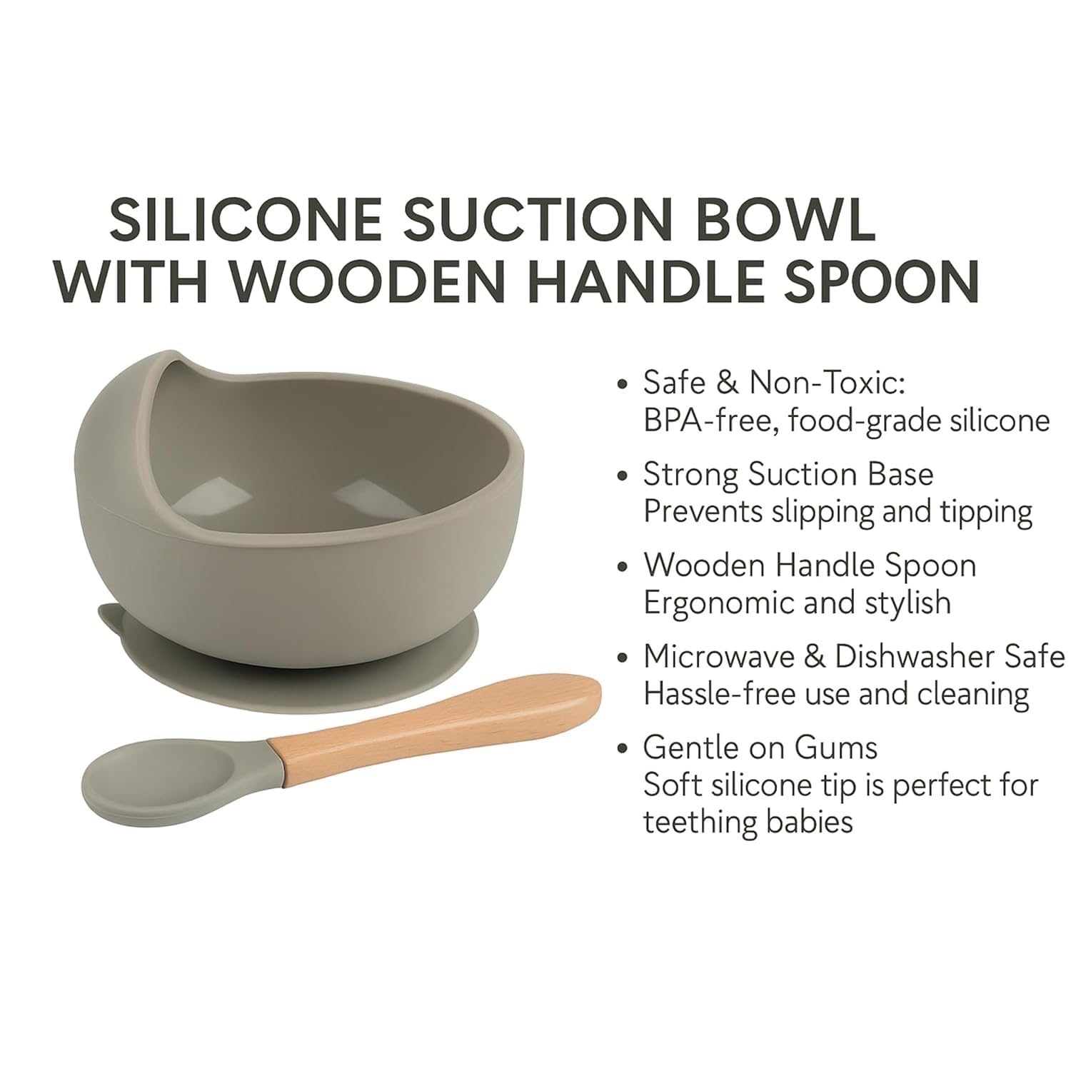 UCRAVO Grey Silicone Baby Feeding Bowl & Spoon Set with Strong Suction Base BPA Free Food Grade Baby Bowl for Toddler | Self Feeding Baby Led Weaning Essentials | Infant Silicone Bowl with Soft Spoon