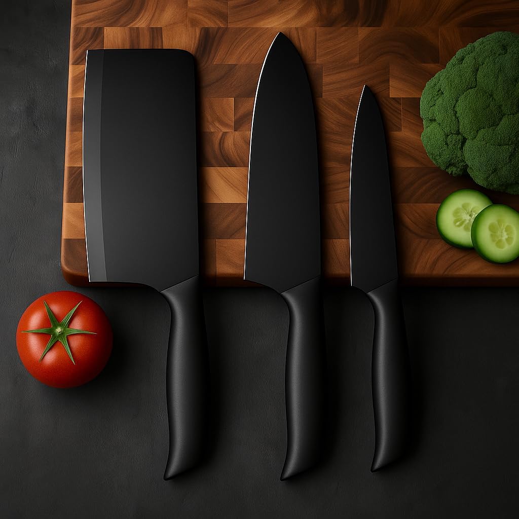 UCRAVO 3 Pcs Green Professional Kitchen Knife Set, Colorful Stainless Steel Chef Utility, Paring Knife, Razor Sharp Multipurpose Knives for Cutting Vegetables, Fruits, Bread with Non Slip Handle