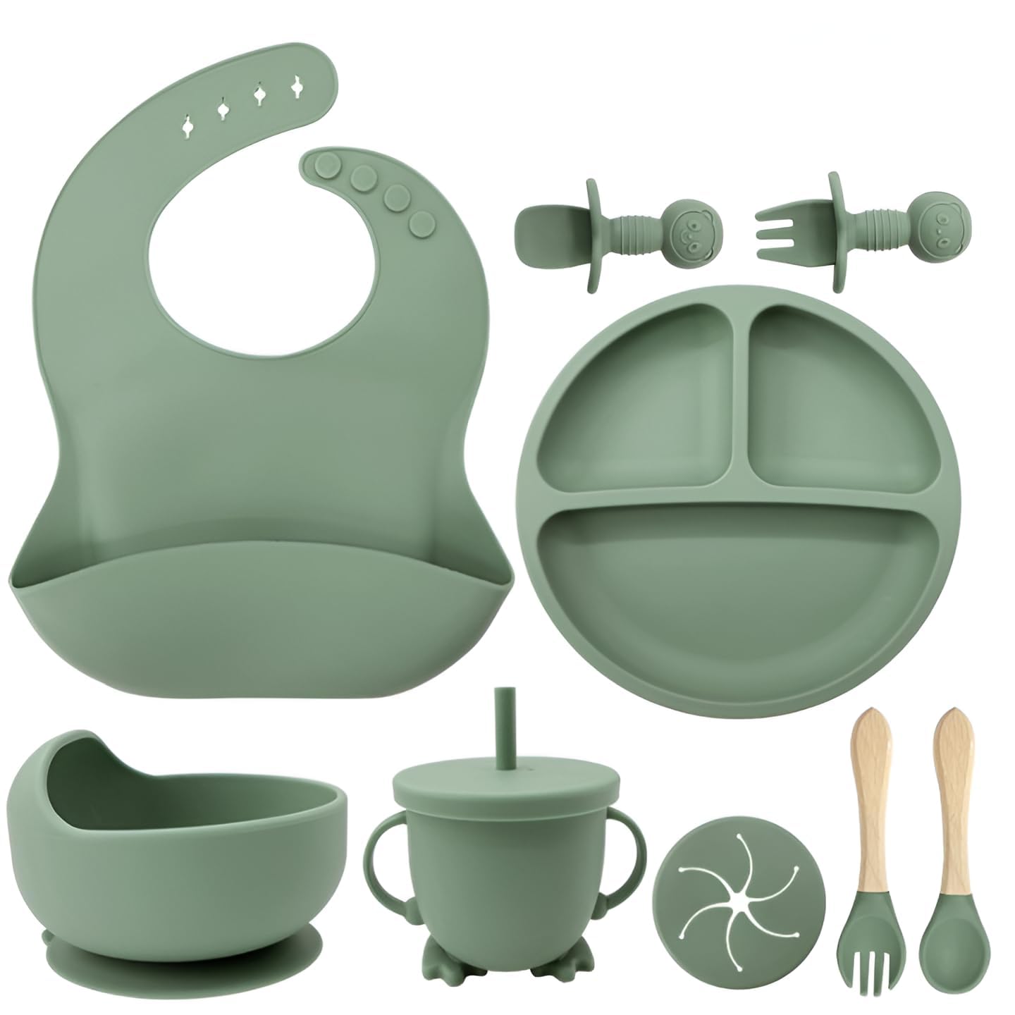 UCRAVO Baby Silicone Feeding Set Green 9PCS Baby Led Weaning Set with Adjustable Silicone Bib, Suction Divided Plate, Suction Bowl, Training Cup with Straw,Spoon Fork Set,BPA Free Toddler Feeding Set