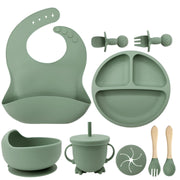 UCRAVO Baby Silicone Feeding Set Green 9PCS Baby Led Weaning Set with Adjustable Silicone Bib, Suction Divided Plate, Suction Bowl, Training Cup with Straw,Spoon Fork Set,BPA Free Toddler Feeding Set