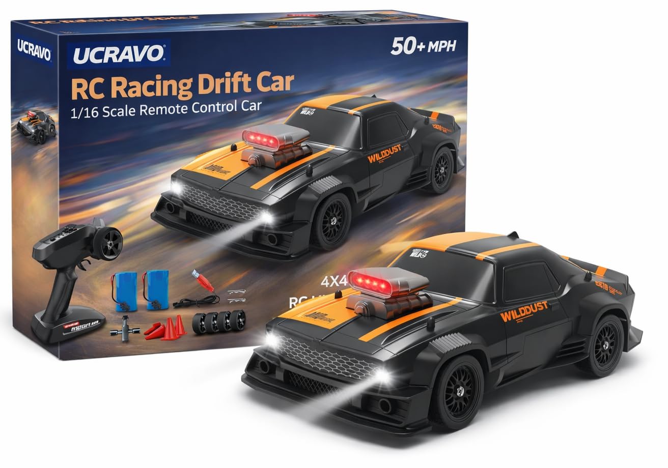 UCRAVO RC Racing Drift Car 1/16 Scale 4X4 High Speed 50+ MPH Remote Control Car with LED Lights, Rechargeable Battery, Off Road RC Buggy Electric Vehicle Model Toy for Kids Boys Girls Adults