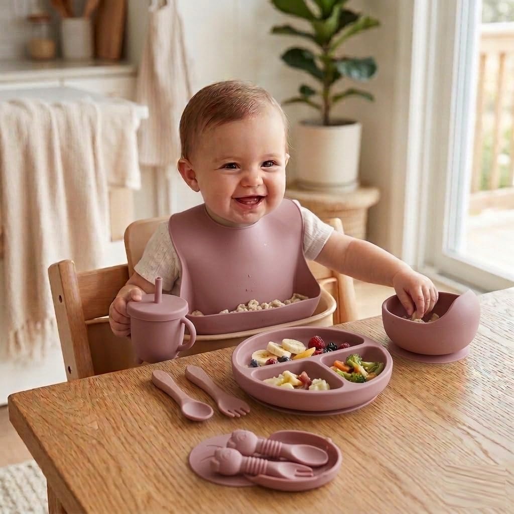 UCRAVO Pink Baby Feeding Set for Girls Silicone Baby Led Weaning Set with Adjustable Bib, Suction Plate, Suction Bowl, Baby Training Cup with Straw, Spoon and Fork Set, Toddler Feeding Essentials