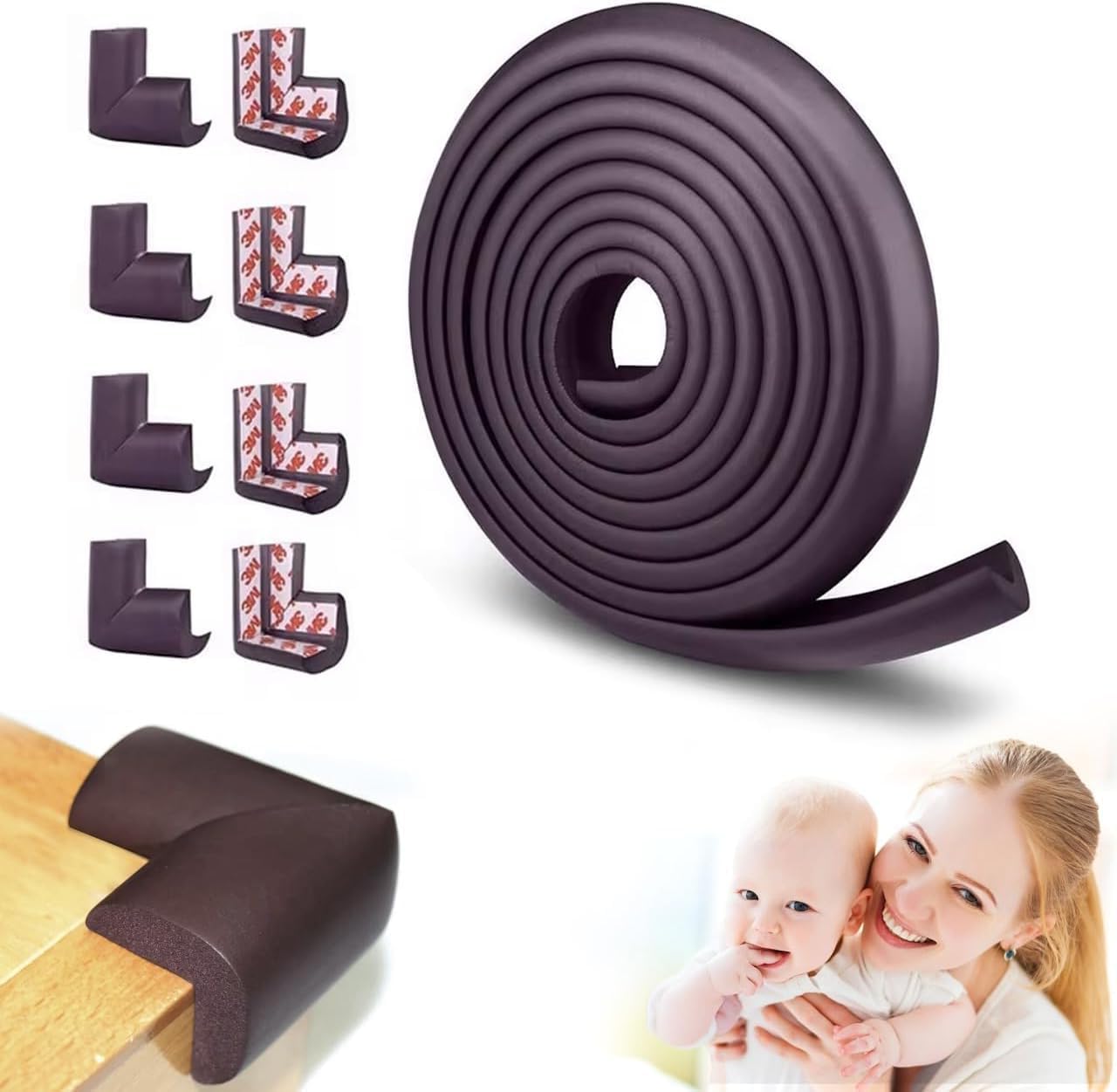 UCRAVO 8 pcs Brown Baby Safety Table Corner Protectors, Furniture Corner and Edge Safety Bumpers, Soft Rubber Foam Cushion Covers, 3M Taped Corner Guards, Baby Child Proofing Pads Rubber Corners
