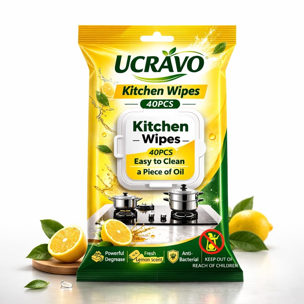 UCRAVO Kitchen Wipes 40 PCS – Lemon Scent Anti Bacterial Cleaning Wipes | Powerful Degreaser Disposable Kitchen Cleaning Tissue | Removes Oil Grease Stains | Multipurpose Surface Cleaning Wipes