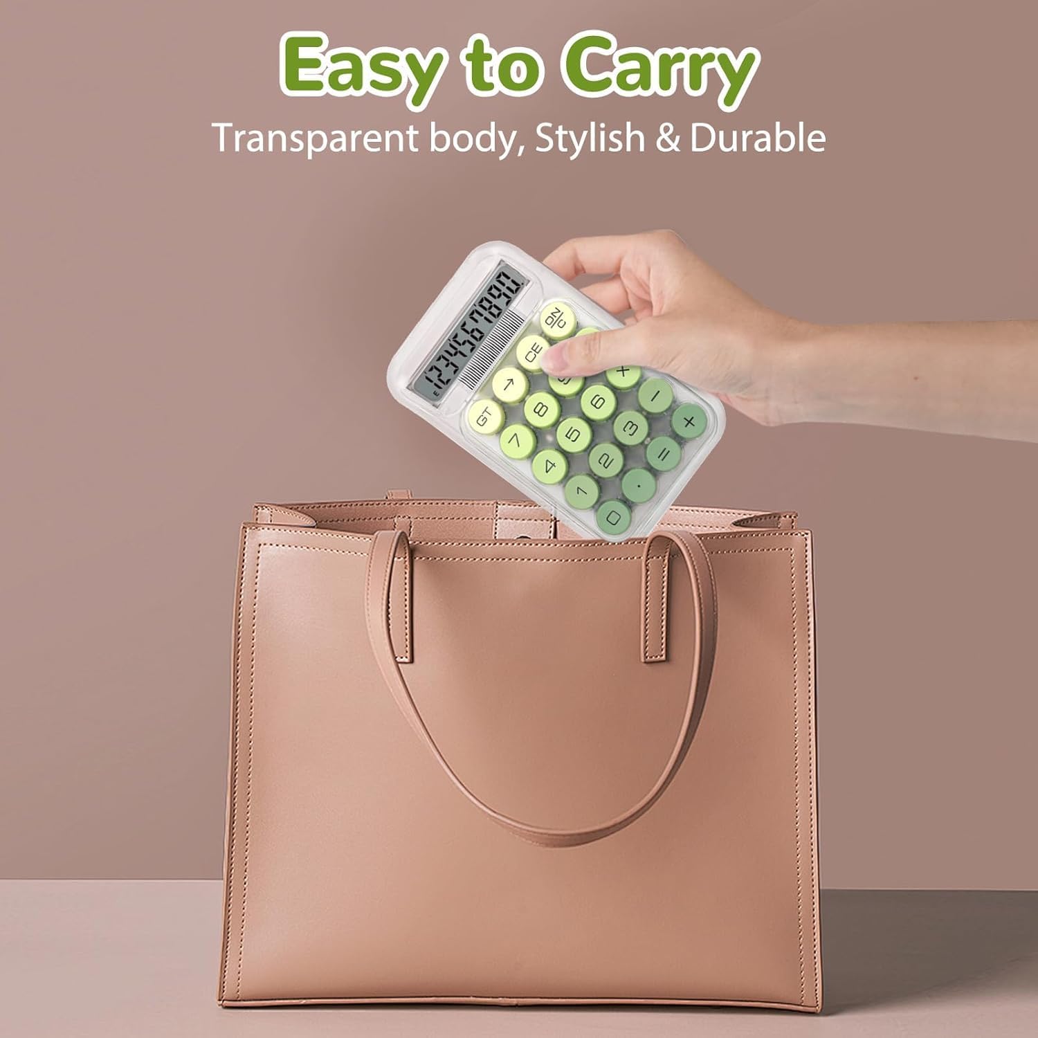 UCRAVO Clear Green Calculator, 10-Digit Desktop Adding Machine, Green Mechanical Round Buttons, Transparent Aesthetic Keypad, Small Basic for Office & School