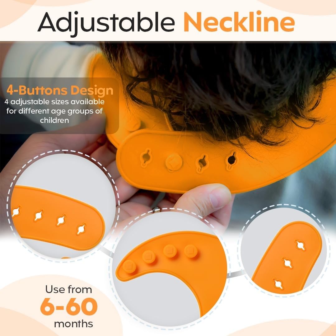 UCRAVO Vibrant Orange Silicone Bib with Extra Wide Food Pocket – Leakproof Toddler Feeding Bib – Soft Adjustable Neck Strap – BPA-Free Dishwasher Safe Silicone Bib for Messy Eaters
