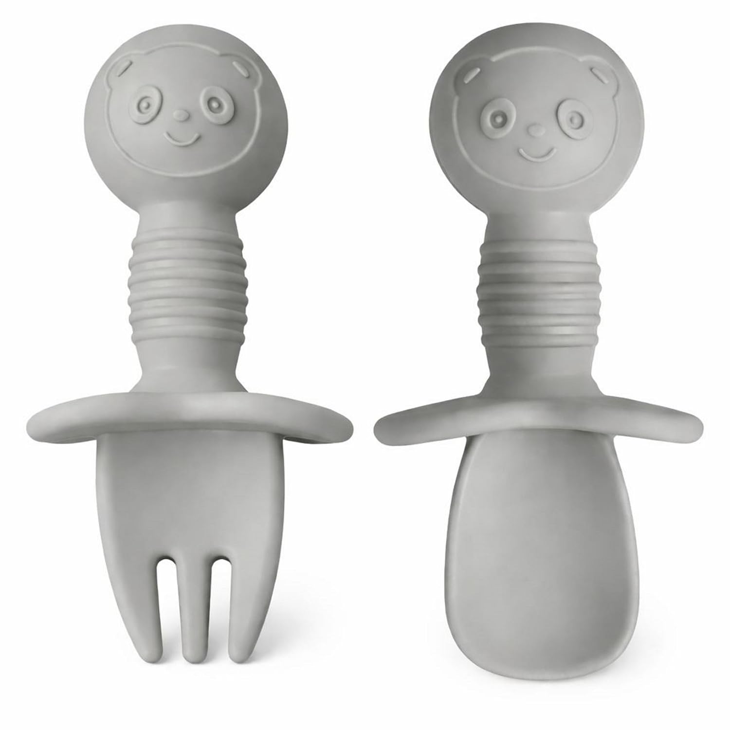 UCRAVO Silicone Baby Spoon Fork Set for Self Feeding | BPA Free Baby Training Utensils | Anti Choke Guard Baby Feeding Spoon & Fork | Baby Led Weaning Utensils for Infants Toddlers Kids (Grey)
