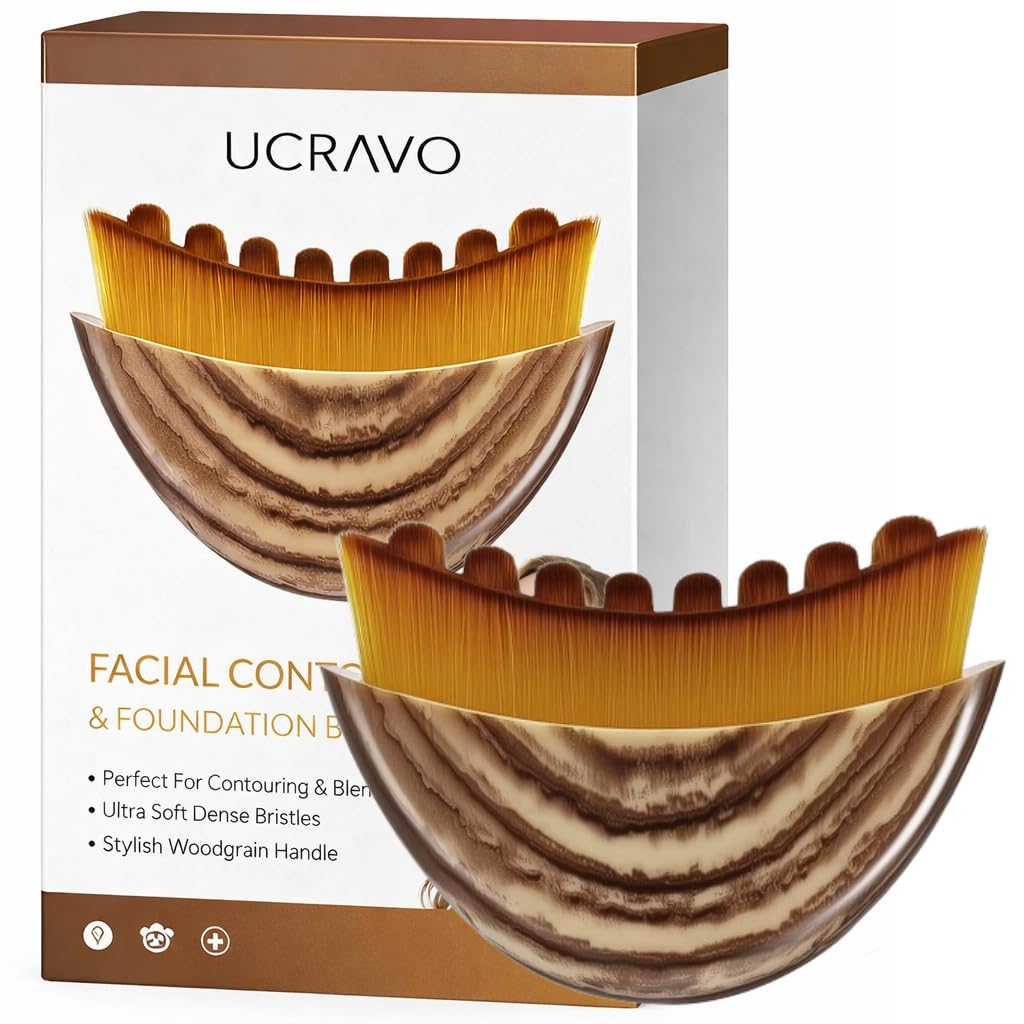 UCRAVO Facial Contour Brush – Professional Face Sculpting Makeup Brush with Dense Curved Bristles, Precision Jawline Cheekbone Contouring Tool for Cream Liquid Powder Foundation, Bronzer & Blush