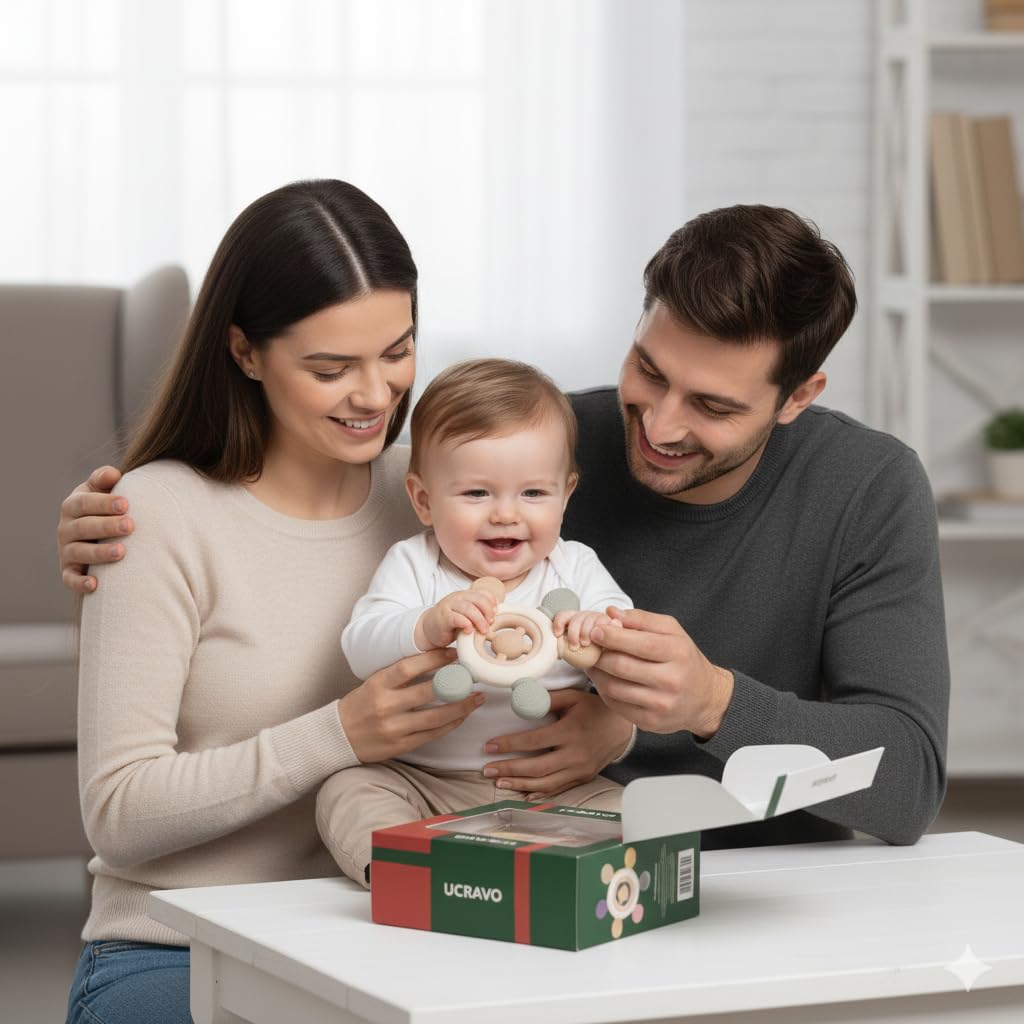 UCRAVO 2-in-1 Baby Teether Toy | Natural Neem Wood & Food-Grade Silicone Sensory Toy for Infants 3+ Months | BPA-Free Soft Teething Ring for Gum Relief | Safe Non-Toxic Antimicrobial Wood Baby Teether