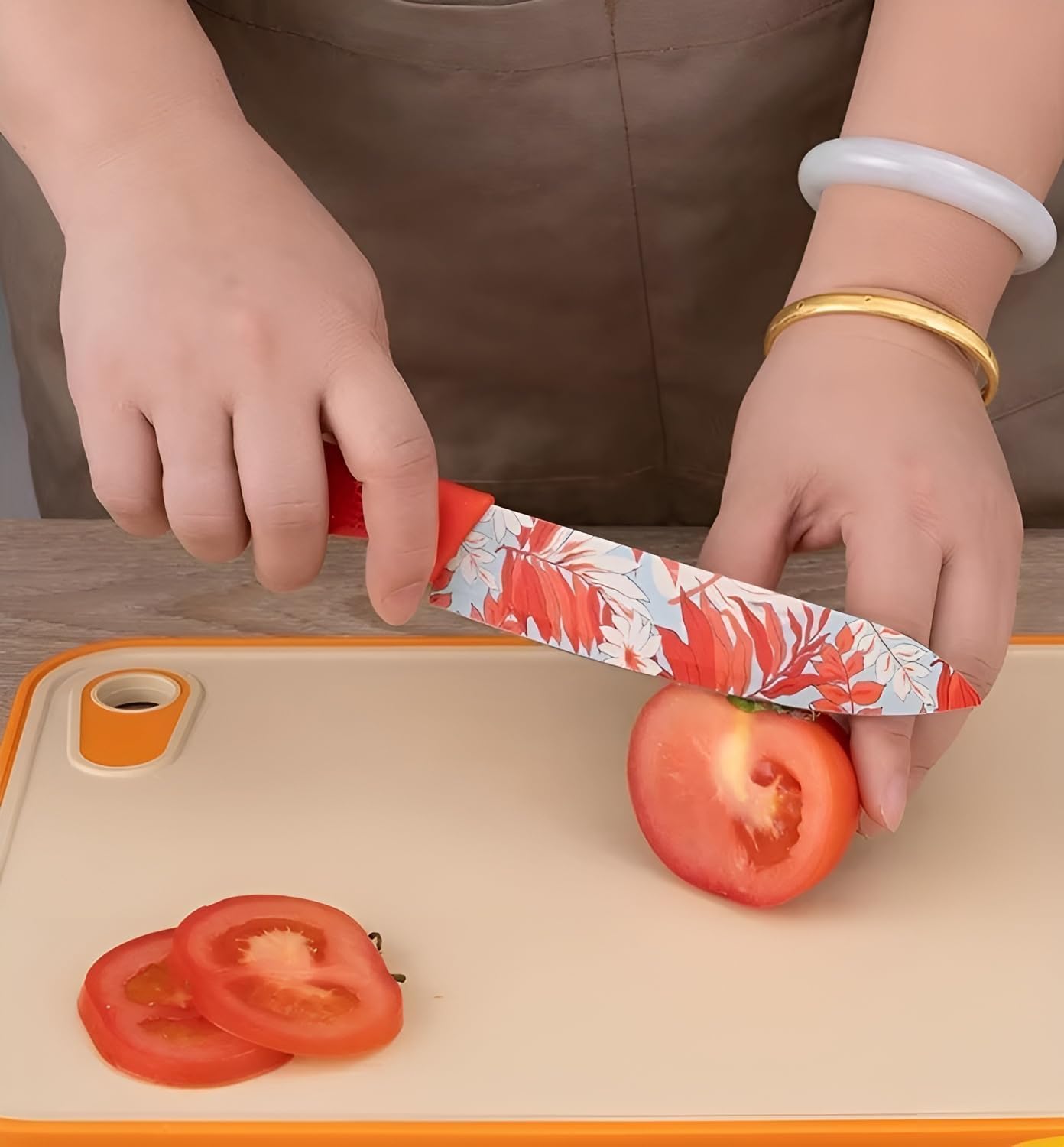 UCRAVO 3-Pcs Red Kitchen Knife Set with Floral Printed Blades Ultra Sharp Stainless Steel Knives | Chef Knife + Paring Knife + Cleaver | Non-Slip Grip |Multipurpose Cooking Knives for Home & Kitchen