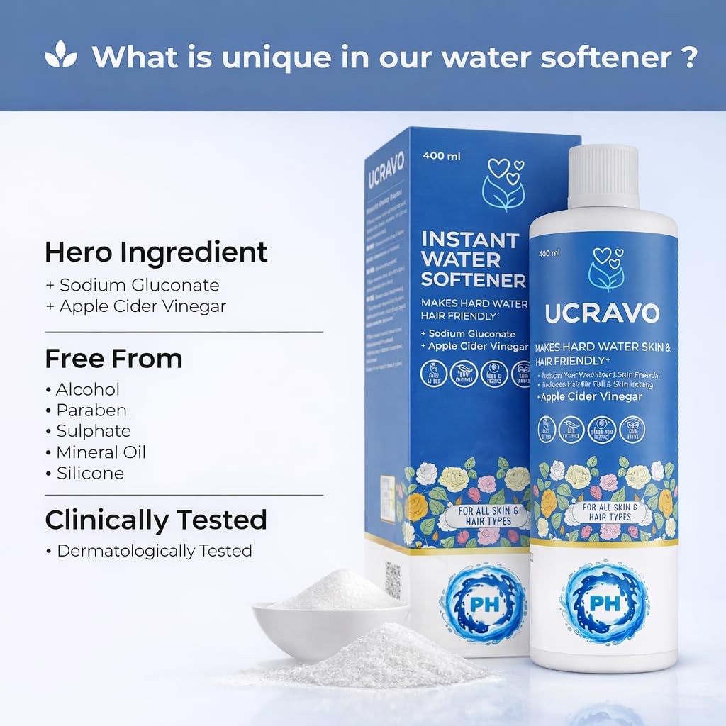 UCRAVO Instant Water Softener for Hard Water Shower Hair &Skin Friendly pH Balanced Formula with Sodium Gluconate & Apple Cider Vinegar Reduces Hair Fall,Dandruff,Dry Skin & Itching Skin & Hair Types