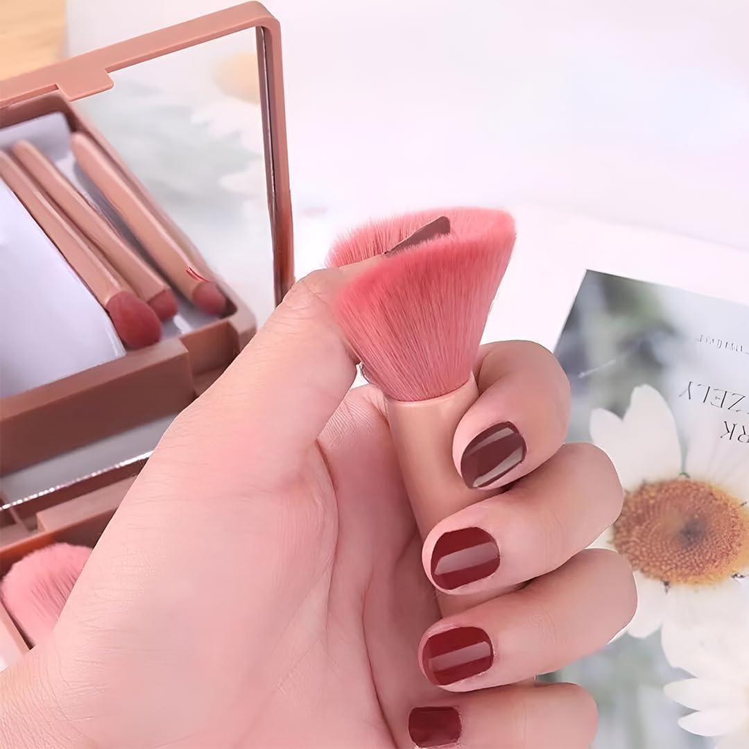 UCRAVO 5-in-1 Small Mini Makeup Brush Kit with Mirror – Compact Travel Cosmetic Set for Face, Eyeshadow, Blush, Powder & Lip Application – Portable Makeup Brush Kit for Women, Teens & Beginners