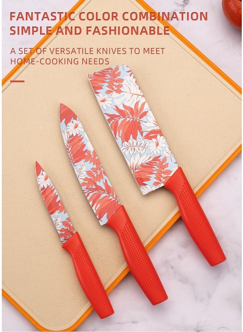 UCRAVO 3-Pcs Red Kitchen Knife Set with Floral Printed Blades Ultra Sharp Stainless Steel Knives | Chef Knife + Paring Knife + Cleaver | Non-Slip Grip |Multipurpose Cooking Knives for Home & Kitchen
