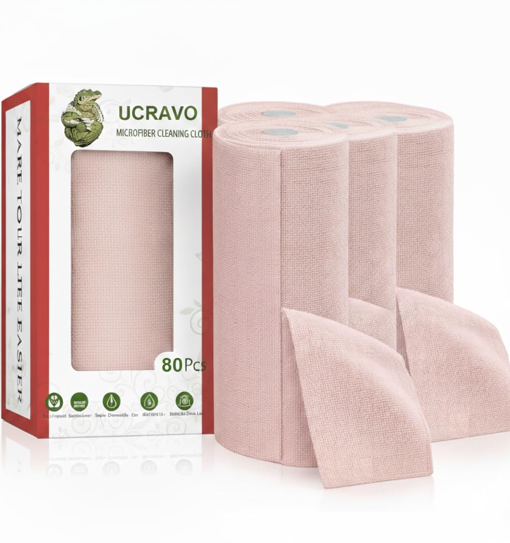 UCRAVO 4Roll 80pcs Pink Microfiber Cleaning Cloth Roll - Reusable & Washable Tear-Away Towels, Super Absorbent Lint Free Cleaning Rags for Kitchen Car Garage, Home, Multipurpose Pre-Cut Cleaning Wipes