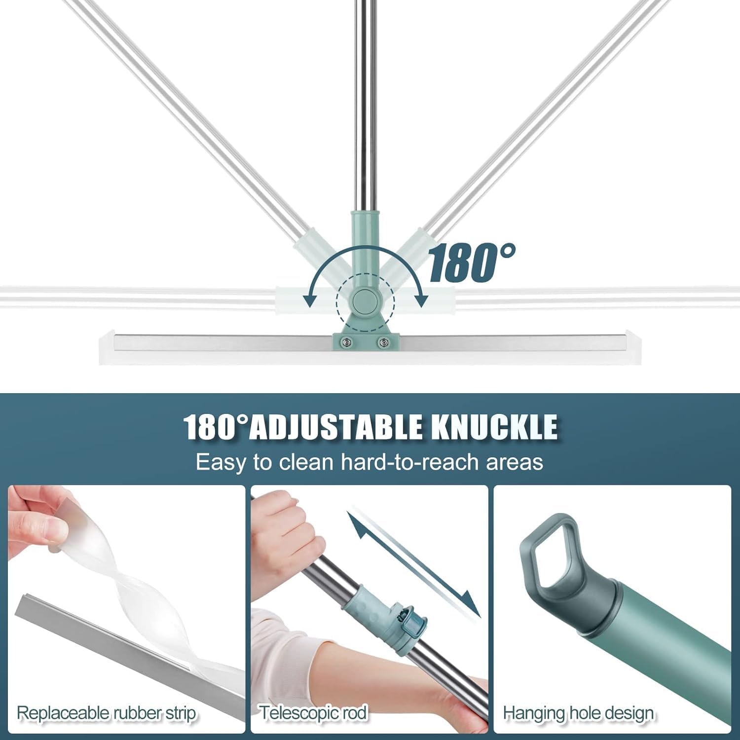 UCRAVO 50-inch Multifunctional Magic Broom Floor Squeegee with Long Handle Adjustable and Silicone Strips, Floor Washer with 180 Degree Rotating Squeegee Broom for Cleaning Floor, Bathroom, Kitchen