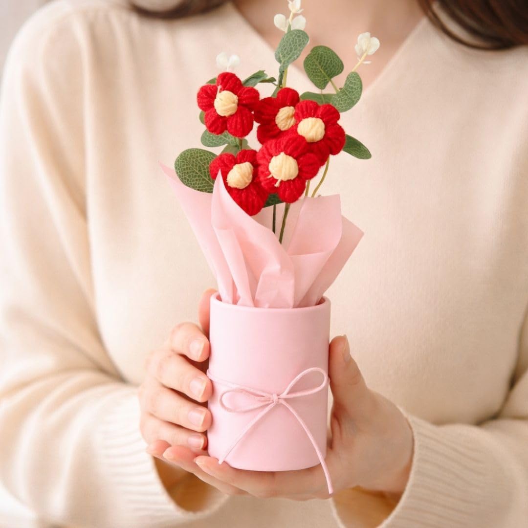 UCRAVO Crochet Flower Bouquet Handmade Knitted Artificial Flowers Cute Yarn Flower Mini Bouquet Gift Box,Aesthetic Romantic Gift for Girlfriend Wife Mom,Forever Flower Decoration for Desk Home Office