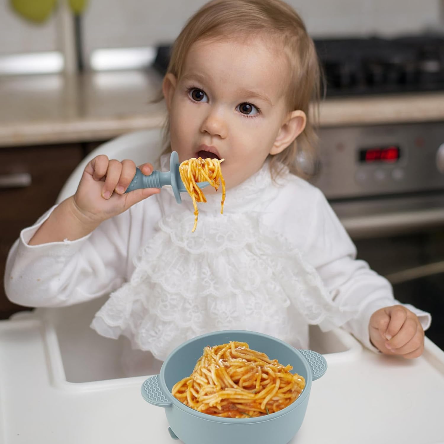 UCRAVO Silicone Baby Self Feeding Spoon and Fork Set for Babies | BPA Free Toddler Training Spoon Fork | Anti Choke Guard Baby Feeding Utensils Baby Led Weaning Spoon Set for Infants & Toddlers Blue