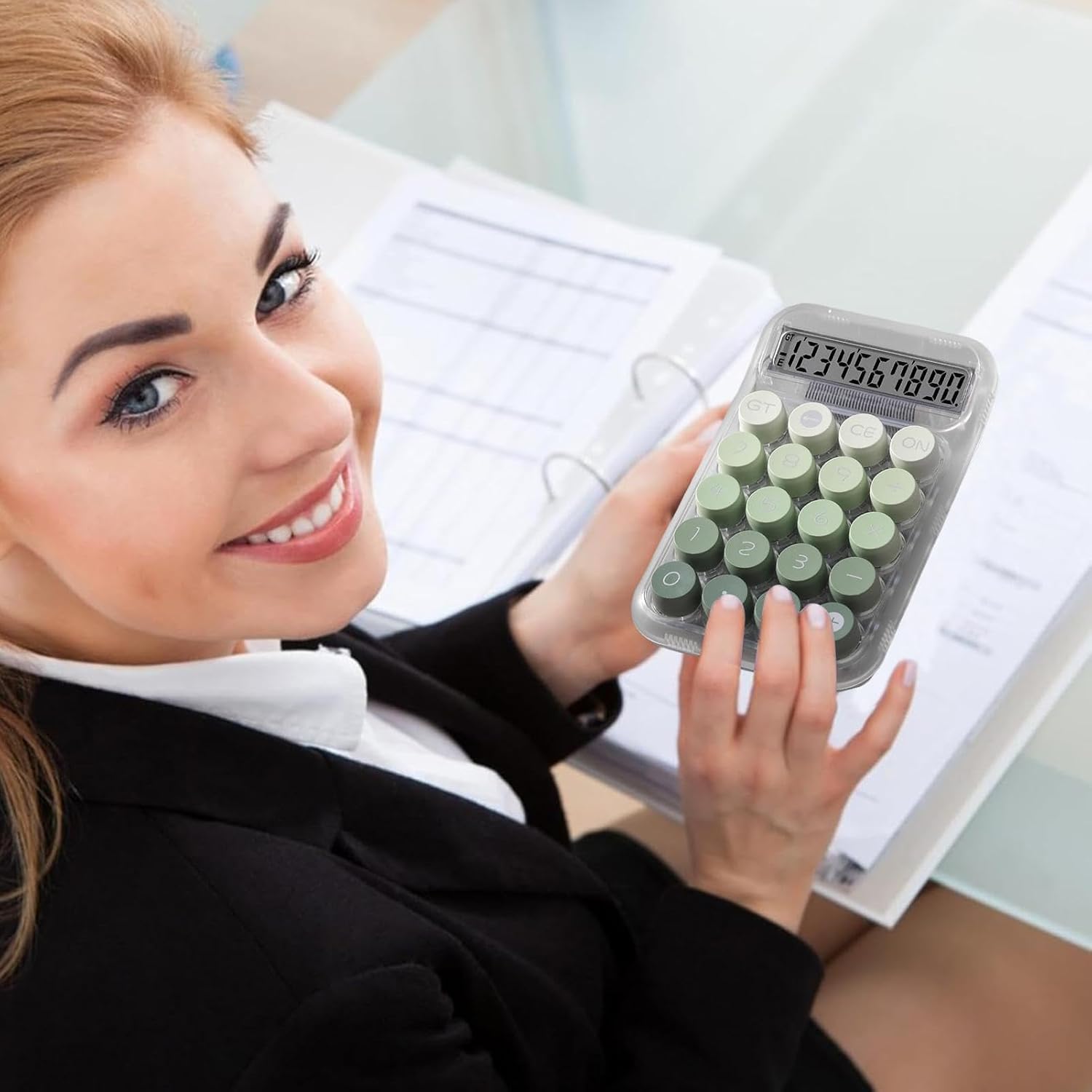 UCRAVO Clear Green Calculator, 10-Digit Desktop Adding Machine, Green Mechanical Round Buttons, Transparent Aesthetic Keypad, Small Basic for Office & School