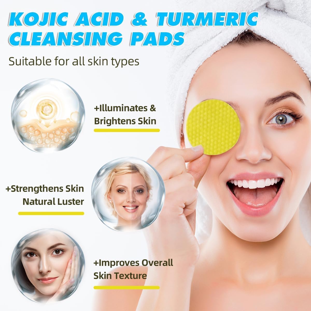 UCRAVO Kojic Acid & Turmeric Cleansing Pads – 60PCS | Skin Brightening & Dark Spot Remover | Foaming Exfoliating Face Pads with Vitamin C & B5 for Acne Prevention – For All Skin Types-Pack of 1