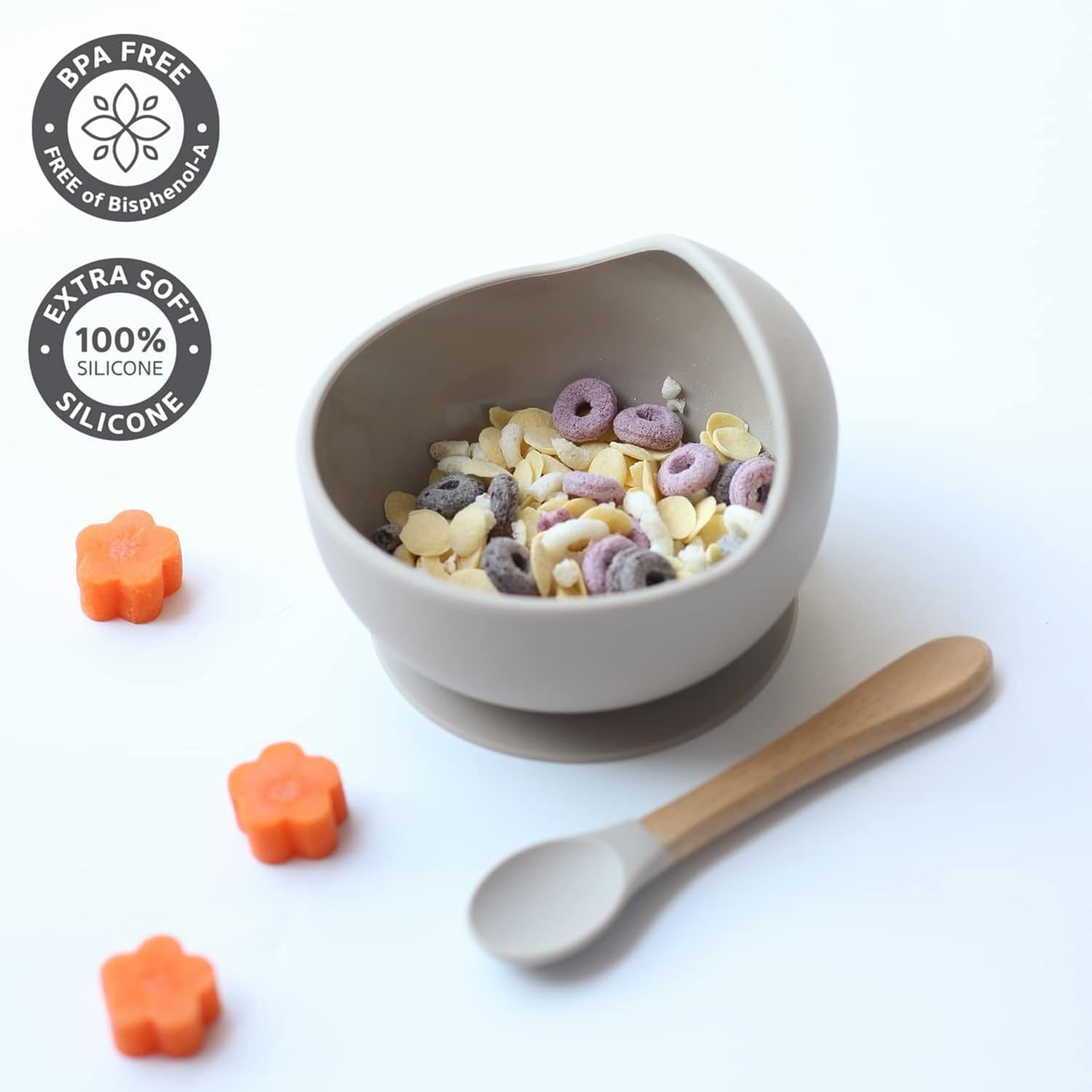 UCRAVO Grey Silicone Baby Feeding Bowl & Spoon Set with Strong Suction Base BPA Free Food Grade Baby Bowl for Toddler | Self Feeding Baby Led Weaning Essentials | Infant Silicone Bowl with Soft Spoon