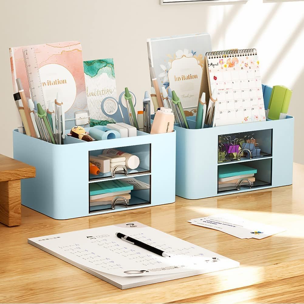 UCRAVO Stylish Stackable Desk Organizer with 2 Drawers and 5 Compartments– Multi-Functional Desktop Storage Box with Pen Holder for Home, Office, School, Craft Supplies, and Art Stationery - Blue