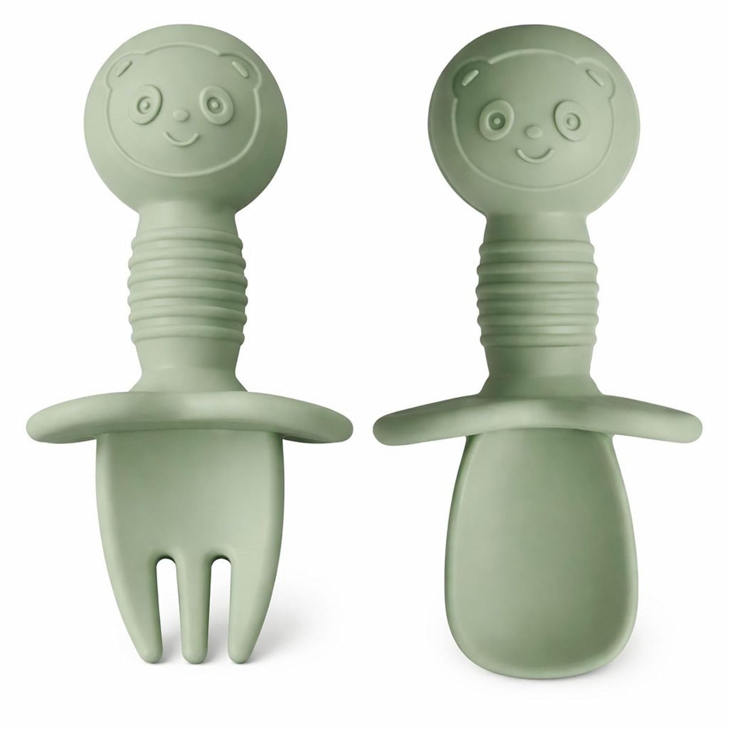 UCRAVO Baby Training Spoon and Fork Set for Self Feeding | BPA Free Silicone Toddler Spoon Fork Set | Soft Tip Baby Feeding Utensils with Anti Choke Guard | Baby Led Weaning Spoon Fork Set for Infants & Toddlers (Green)