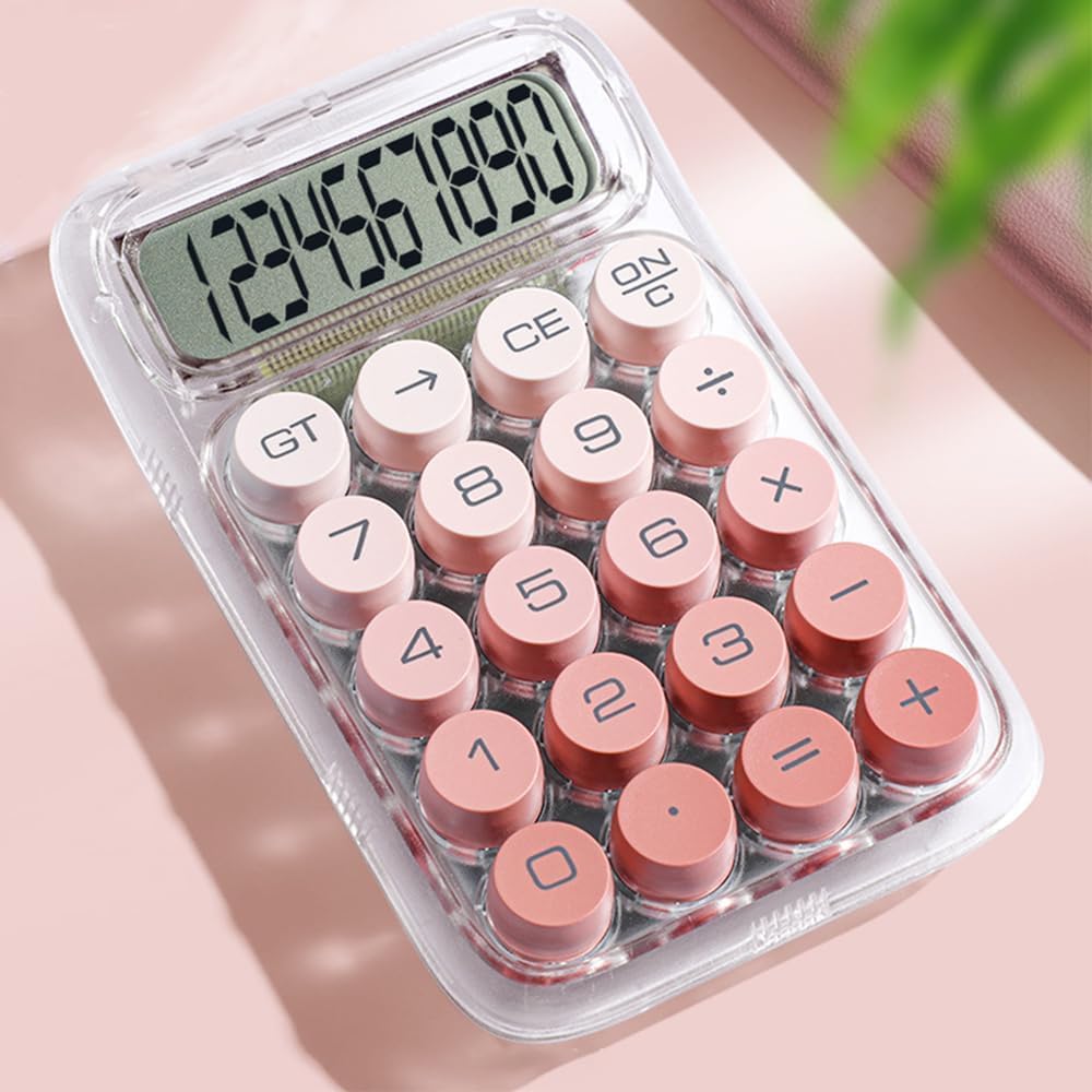 UCRAVO Mechanical Big Button Cute Calculator with Large 12-Digit LCD Display - Retro Aesthetic Round Keycaps, ASMR Clicky Feel,Home,Office Basic & School Stationery for Desk Switch Calculator (Pink)