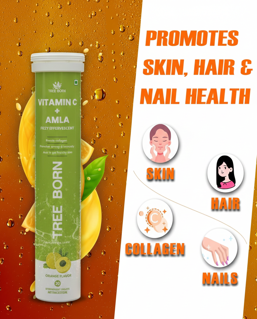 TREE BORN Vitamin C - Amla Extract + Zinc for Immunity | Helps to Boost Collagen for Healthy Skin, Hair &amp; Nails | Orange Flavour- Pack of 2 (40 tablets)