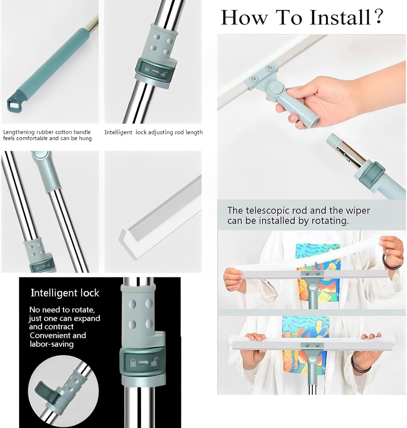 UCRAVO 50-inch Multifunctional Magic Broom Floor Squeegee with Long Handle Adjustable and Silicone Strips, Floor Washer with 180 Degree Rotating Squeegee Broom for Cleaning Floor, Bathroom, Kitchen