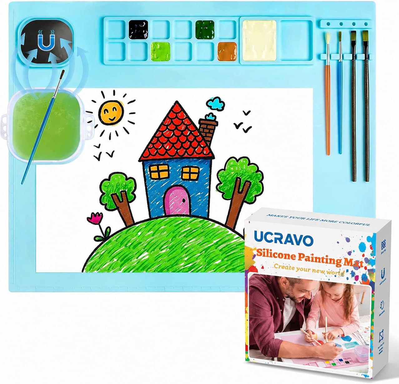 UCRAVO Silicone Painting Mat for Kids & Artists with Color Mixing Palette & Brush Cleaning Cup | Non-Stick Reusable Art Craft Mat for Acrylic, Watercolor, Resin, Clay & DIY Craft Desk Protector