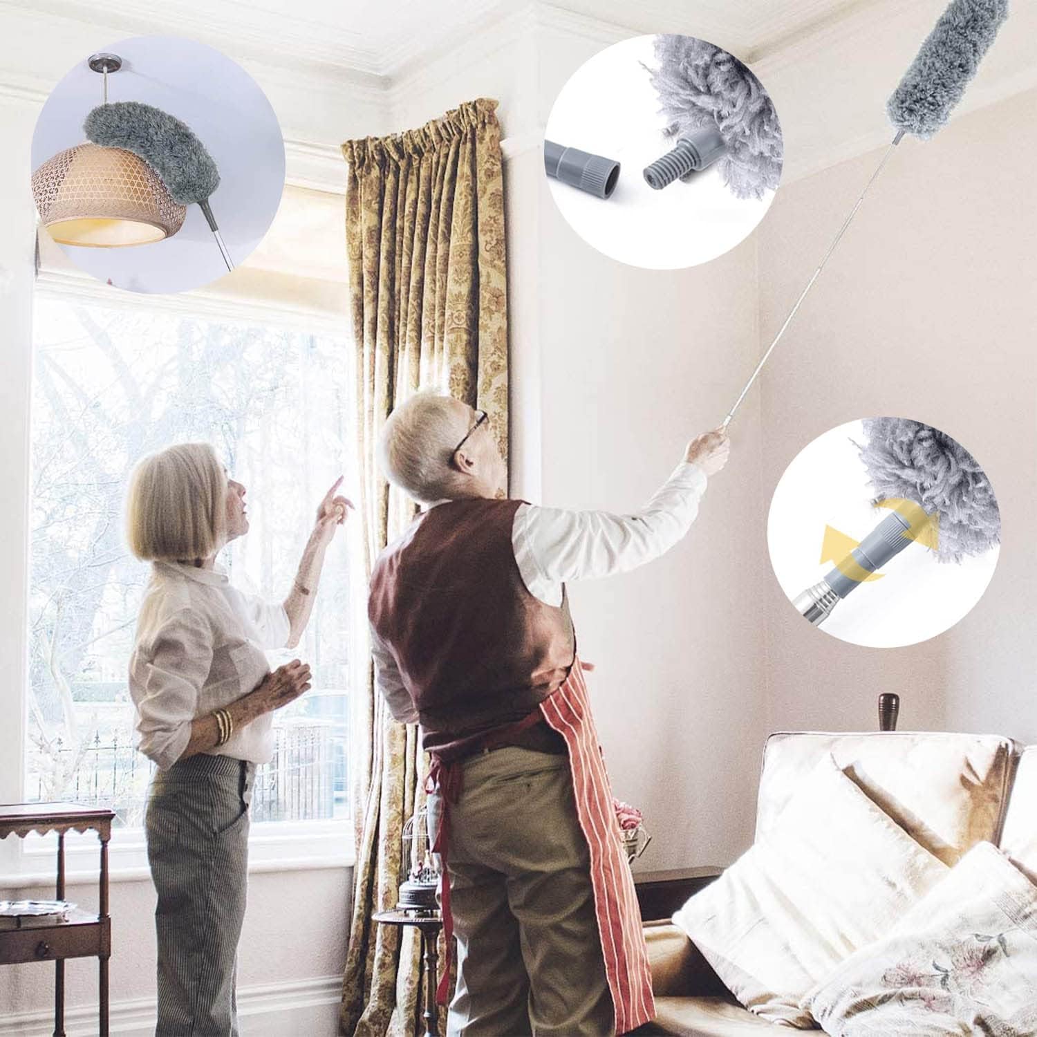 UCRAVO 3 in 1 Microfiber Feather Duster Set with 100 Inch Extendable Pole | 4 PCS Bendable Washable Fan Cleaning Brush for Ceiling Fans, High Ceilings, Cobwebs, Furniture, Walls & Home Dusting