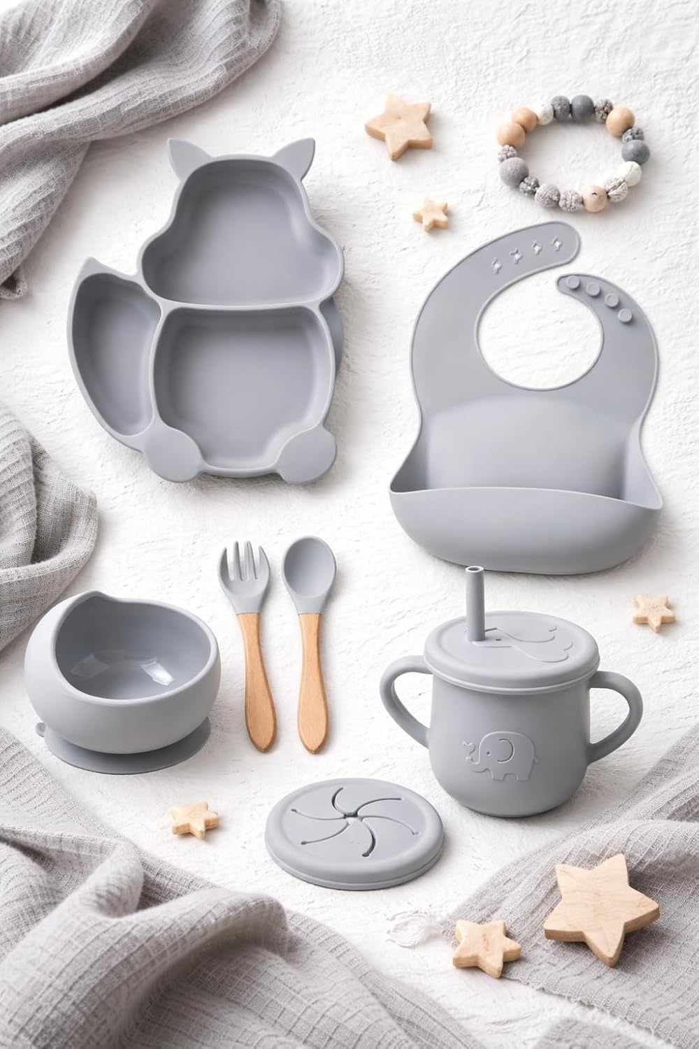 UCRAVO Grey Silicone Baby Feeding Set 6PCS Toddler Dinnerware Set with Strong Suction Bowl & Divided Plate, Adjustable Waterproof Bib with Food Catcher, Spill Proof Straw Sippy Cup, Baby Spoon & Fork