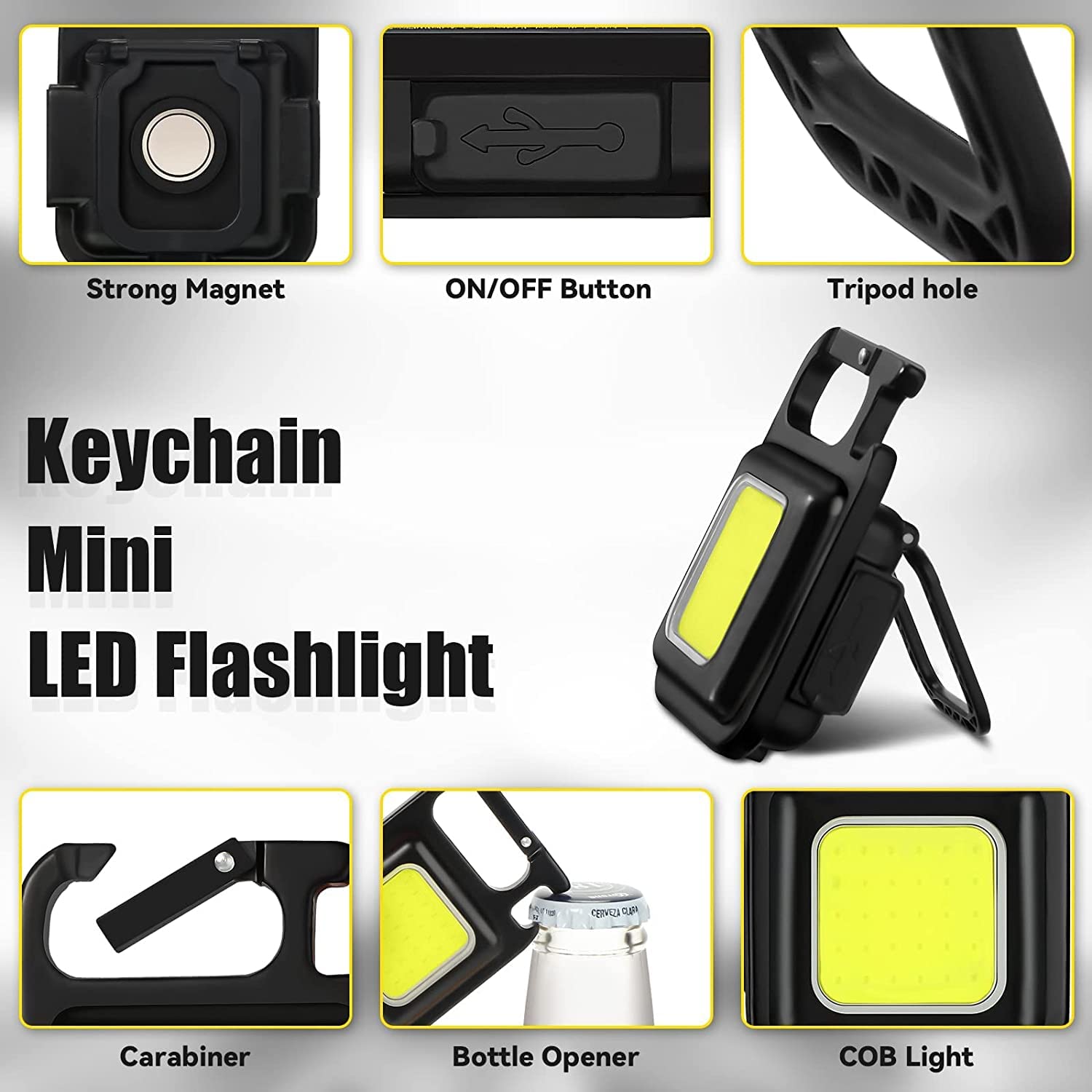 UCRAVO Mini LED Flashlight Keychain Torch COB Work Lights 500 Lumens Rechargeable Waterproof Portable Pocket Lamp with Magnetic Hook Bottle Opener for Camping Emergency Repairs Pack of 1