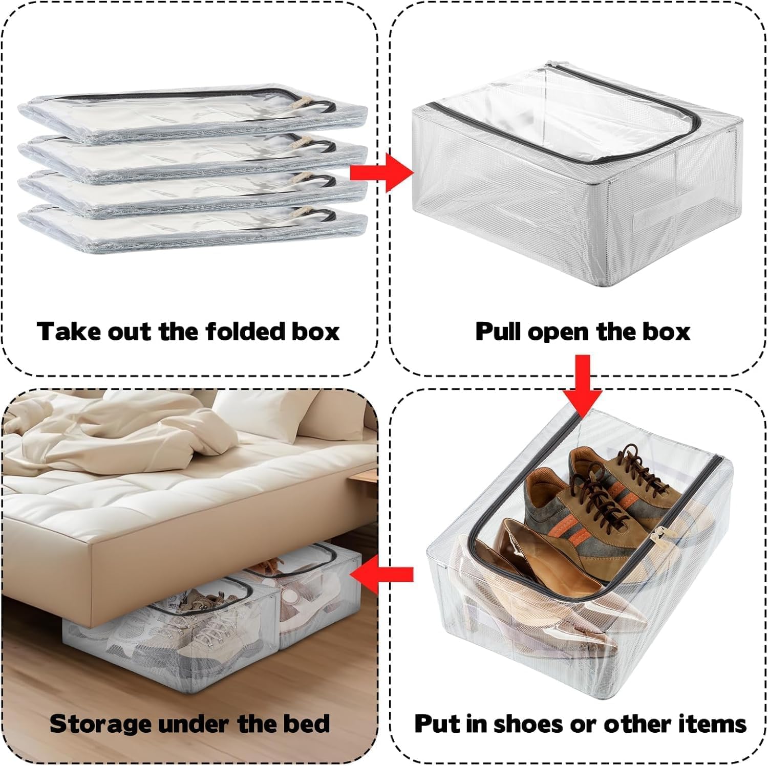 UCRAVO 27 L Shoe Organizer Box Set, 6PCS Foldable & Stackable Shoe Storage Bins with Clear Window & Lid, and Front Window Closet Shoe Box for Entryway, Underbed, Bedroom