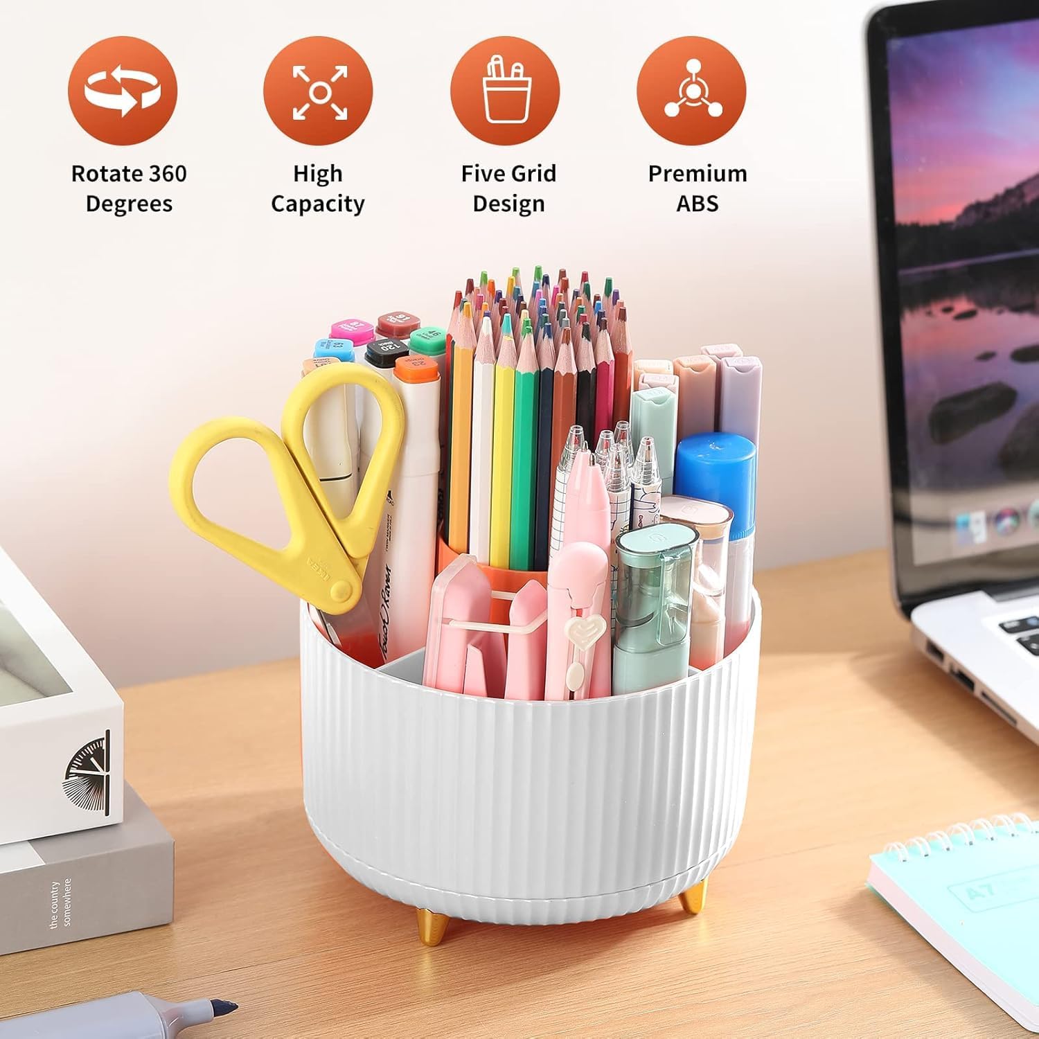 UCRAVO 360° Rotating Desk Organizer Pen Holder with 5 Compartments Spinning Pencil Holder for Desk Multipurpose Stationery Organizer for Office, School, Makeup & Art Supplies Desktop Storage (White)
