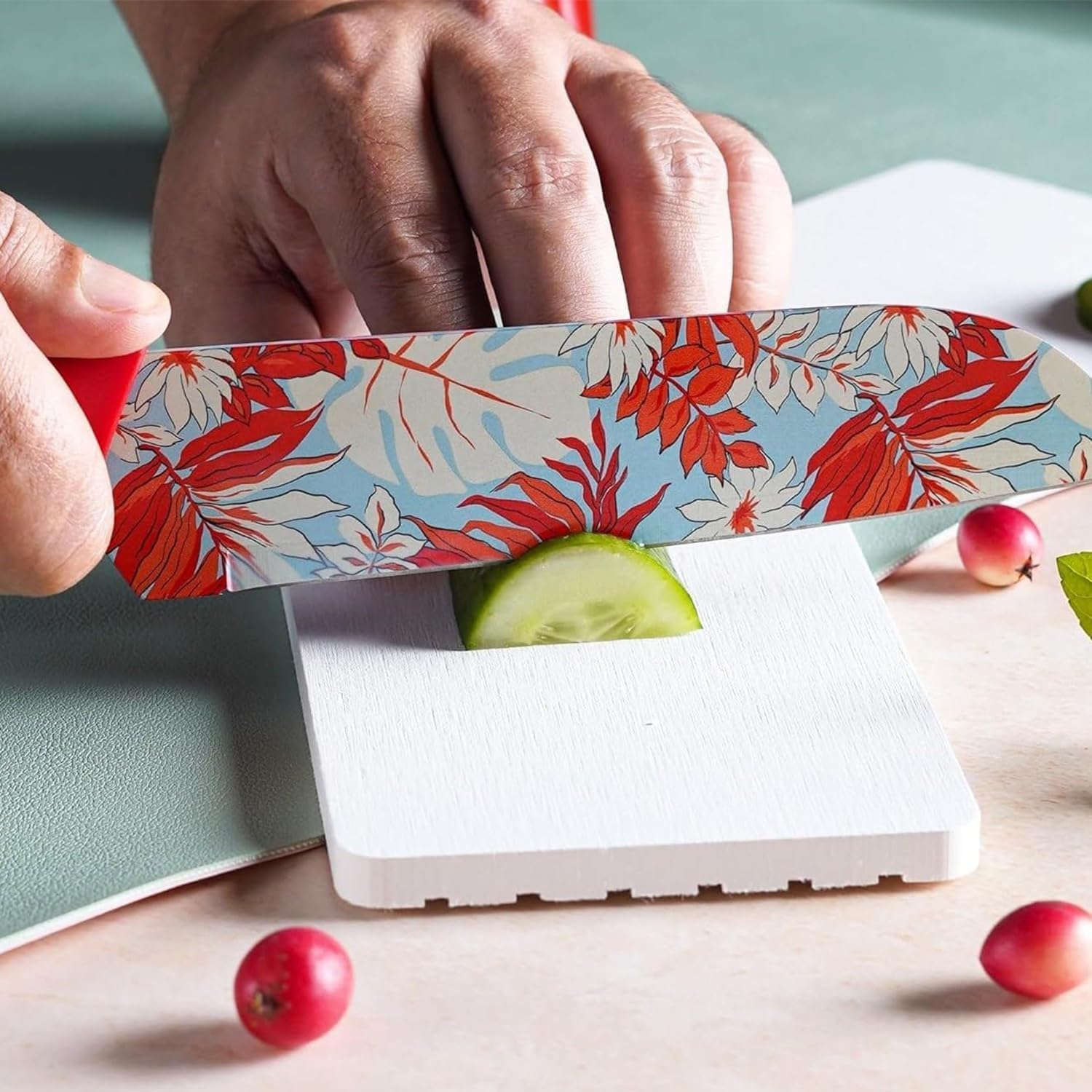 UCRAVO 3-Pcs Red Kitchen Knife Set with Floral Printed Blades Ultra Sharp Stainless Steel Knives | Chef Knife + Paring Knife + Cleaver | Non-Slip Grip |Multipurpose Cooking Knives for Home & Kitchen