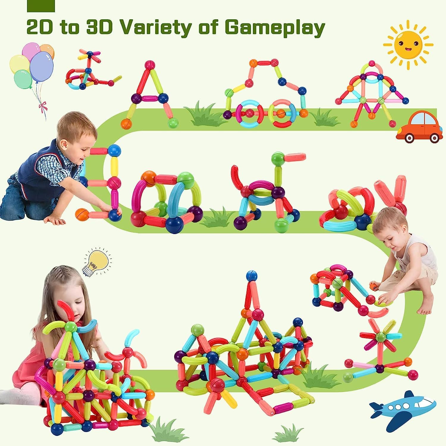 UCRAVO 36 PCS Magnetic Sticks & Balls Building Set for Kids–Colorful STEM Construction Toy,Creative Educational Learning Game for Boys,Girls,DIY 3D Shapes and Structures Building Blocks for Toddlers