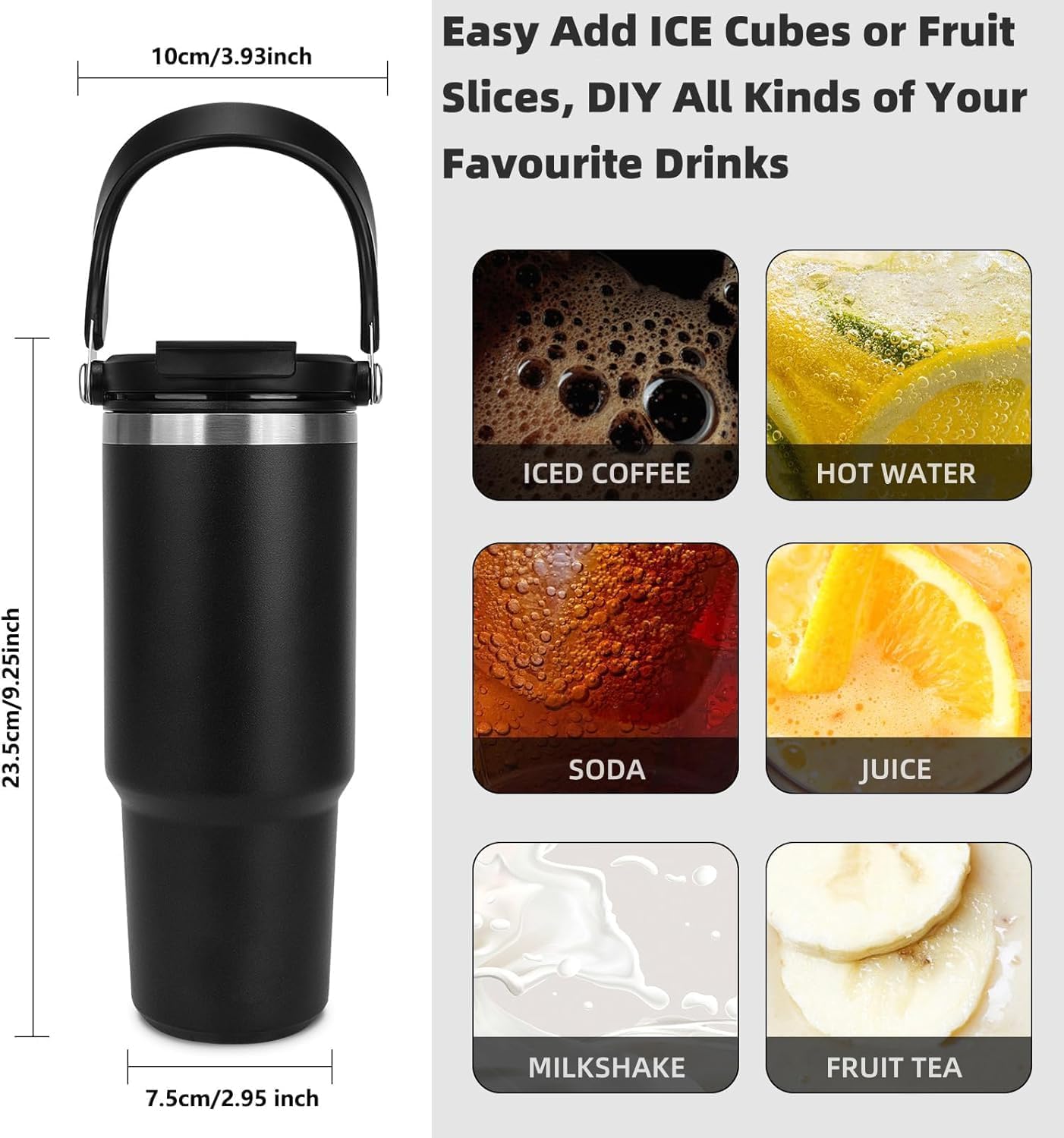 UCRAVO 900 ML Tumbler with Handle and Straw Lid Double Insulated Cup, vacuume Insulated Stainless Steel Tumblers for Hot & Cold Drink 100% Leakproof Tumbler with Handle for Gym,Travel (Black)