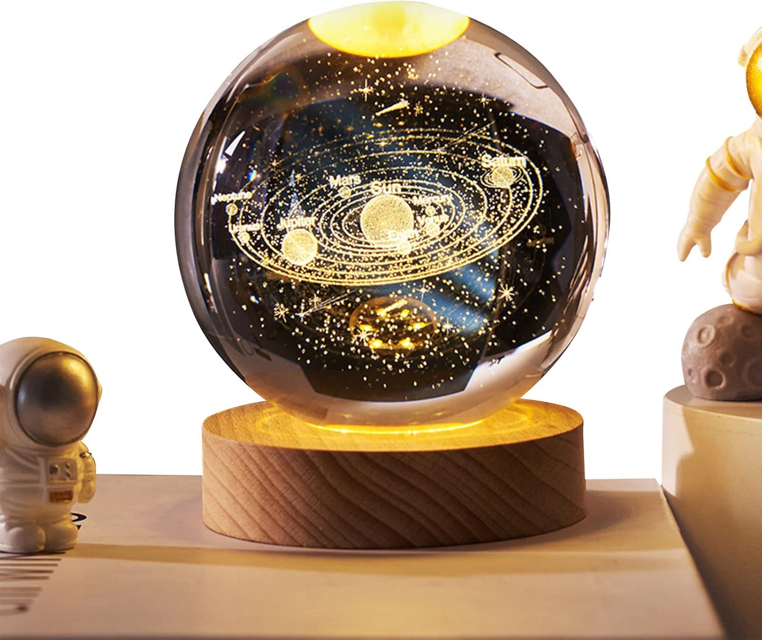 UCRAVO 3D Galaxy Crystal Ball with Wooden Base, 3D Crystal Ball Solar System, Planet Engraved Glass Ball Cosmic Model, Luminous Crystal Ball for Christmas Nightlight Astronomy Gifts for Kids Birthday