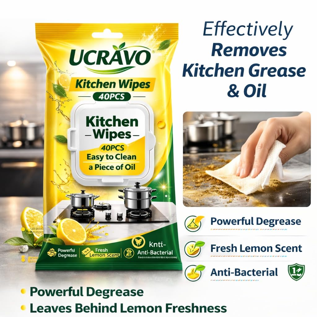 UCRAVO Kitchen Wipes 40 PCS – Lemon Scent Anti Bacterial Cleaning Wipes | Powerful Degreaser Disposable Kitchen Cleaning Tissue | Removes Oil Grease Stains | Multipurpose Surface Cleaning Wipes
